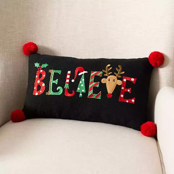 Believe Word Art Pom Pom Christmas Accent Pillow
