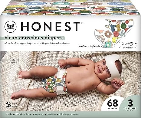 The Honest Company Clean Conscious Diapers | Plant-Based, Sustainable | Cactus Cuties + Donuts | Club Box, Size 3 (16-28 lbs), 68 Count