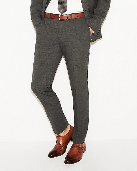 Slim Charcoal Gray Check Stretch Wool-blend Suit Pant