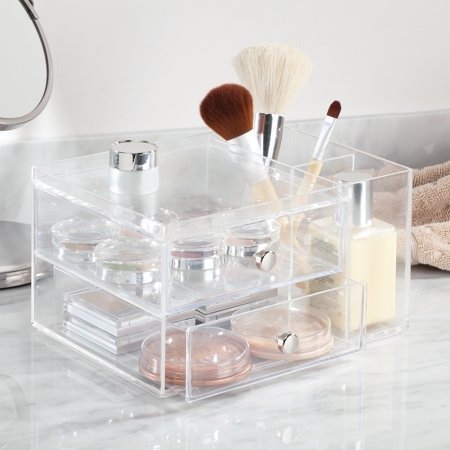 Clarity Cosmetic Organizer for Vanity Cabinet to Hold Makeup, Beauty Products, 2 Drawer with Side Caddy, Clear