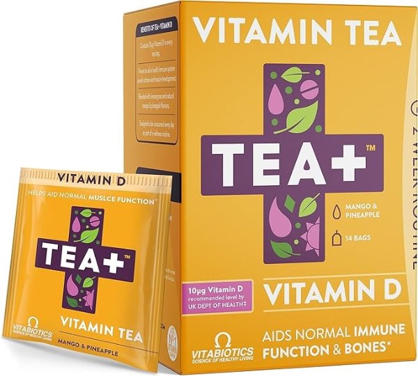TEA+ (Tea Plus) 维生素 D 茶-帮助正常的骨骼和肌肉 | 提供防御支持 | 芒果和菠萝天然风味的凉茶 | 14 个茶包