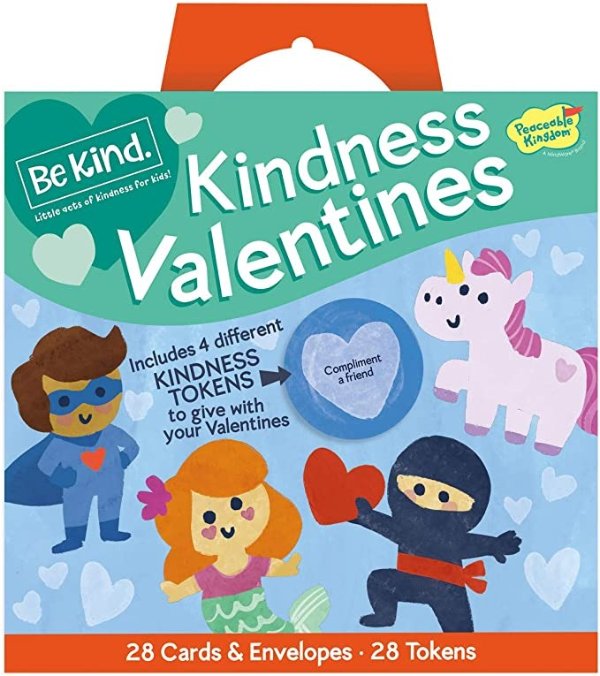 Valentines Day Cards for Kids, Be Kind Kindness Valentines Super Fun Pack Assortment, 28 Cards with Envelopes and Kindness Tokens
