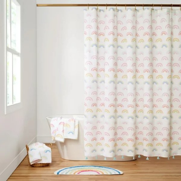 Gap Home Kids Rainbow Toss Organic Cotton Shower Curtain with Tassels, White, 72"x72"
