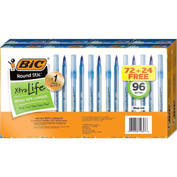 Round Stic Xtra Life Ballpoint Pen, Medium Point, Blue Ink, 96/Pack (WX9ST228-BLU)