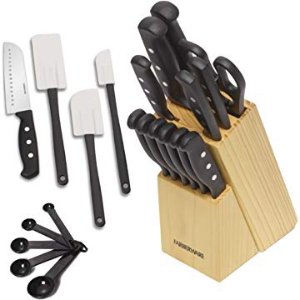 Farberware 5152501 'Never Needs Sharpening' 22-Piece Triple Rivet Stainless Steel Knife Block Set with Kitchen Tool Set For Back to School College, Black @ Amazon