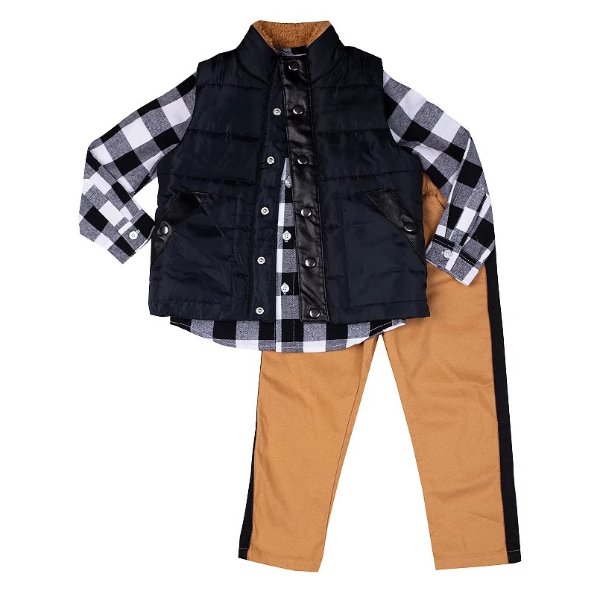 Baby Boy Little Lad Funnel Neck Puffer Vest, Buffalo Plaid Shirt, & Twill Pants Set