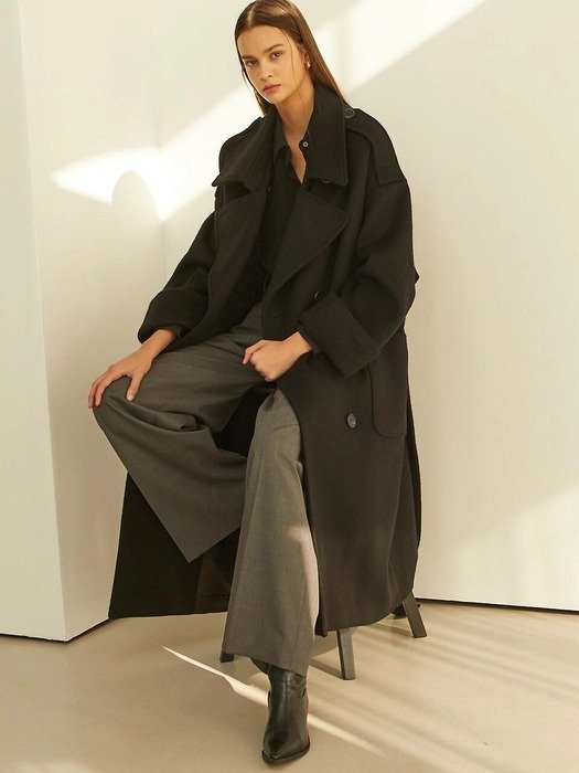 Black Oversize Trench Wool Coat