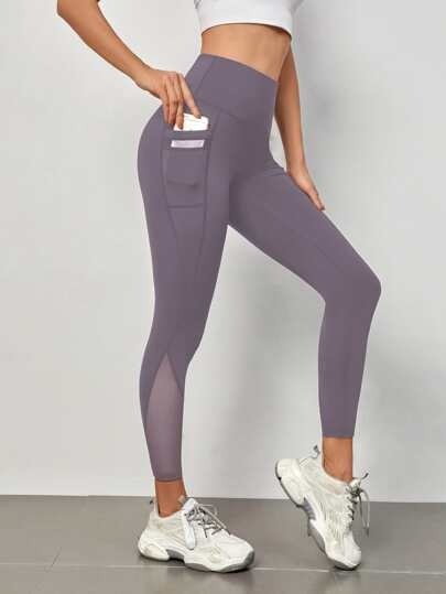 Absorbs Sweat Contrast Mesh Sports Leggings With Phone Pocket