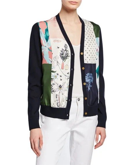 Patchwork Silk Front V-Neck Button-Front Cardigan