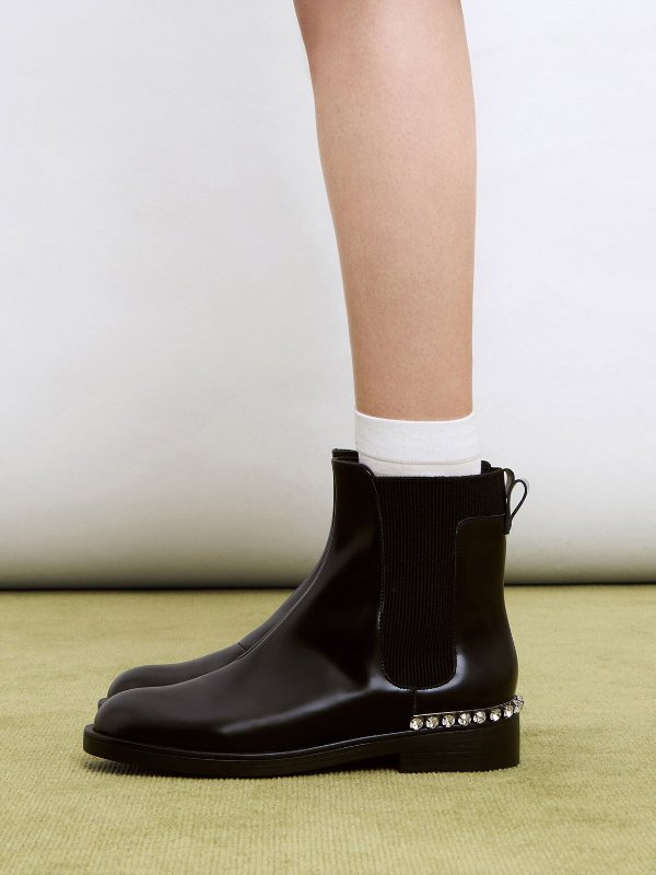 Black Leather Gem-Embellished Chelsea Boots | CHARLES & KEITH
