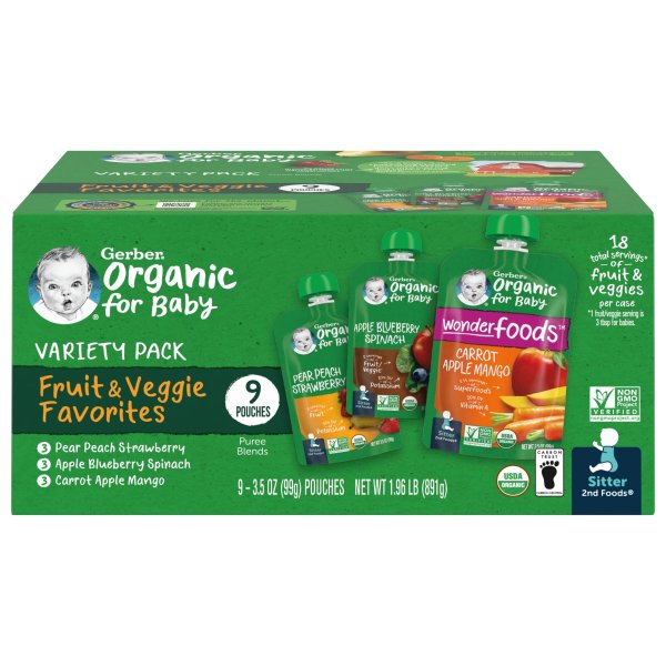 Organic 2nd Food Pouches Pear Peach Strawberry, Carrot Apple Mango & Apple Blueberry Spinach Fruit & Veggie Pouches Value Pack 9-3.5 oz. Pouches