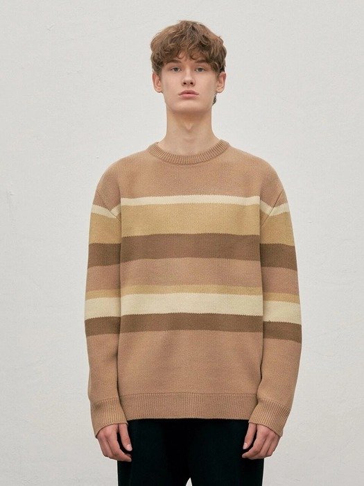 Multi Stripe Knit Sweater_Beige Brown