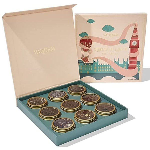 , Weekend in London Tea Gift Set | 9 Assorted Chai Teas & Black Teas in Travel Edition Gift Box | 100% Natural Mothers Day Gifts | Luxury Tea Gift Sets for Mothers Day, Gifts for Mom