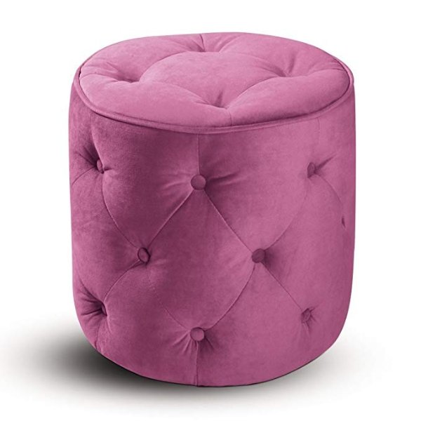 AVE SIX Curves Tufted Round Ottoman with Espresso Finish Solid Wood Legs, Pink Velvet Fabric