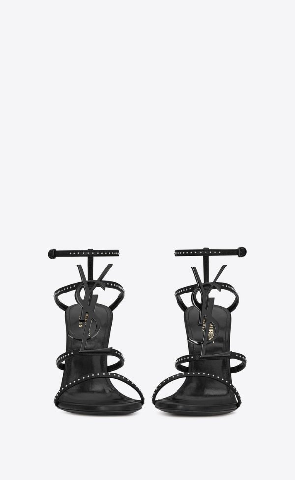 CASSANDRA sandals in smooth leather and black monogram decorated with studs