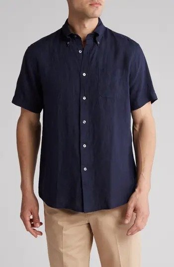 Regular Fit Short Sleeve Linen Button-Down Shirt