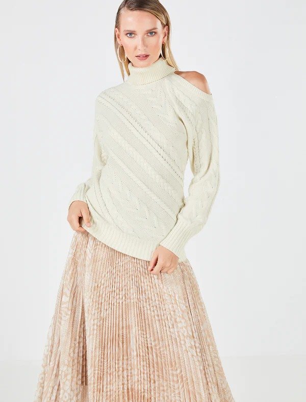 Cold Shoulder Cable Knit Sweater