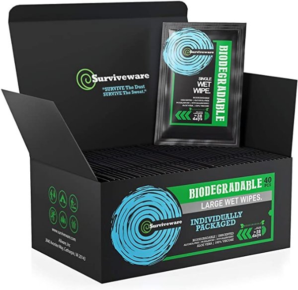 Biodegradable Wet Wipes 40 Individually Wrapped Wipes - For Post Workouts, Travel, Bath, and No-Rinse Showers