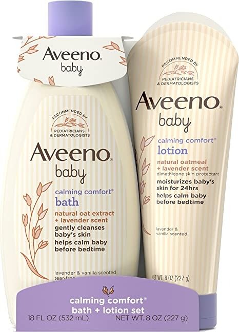 Baby Calming Comfort Bath & Lotion Set, Night time Baby Skin Care Products with Natural Oat Extract, Lavender & Vanilla Scents, Paraben-Free, 2 Items