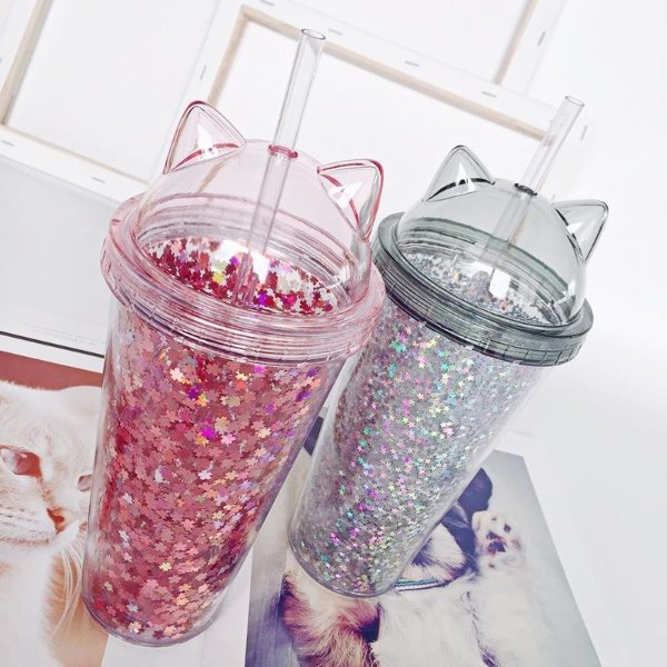 9.07US $ 45% OFF|420ml Cat Ear Water Bottle For Girls With Sequins Bpa Free Double Wall Tumbler With Straw Reusable Smoothie Cup Drinkware - Water Bottles - AliExpress