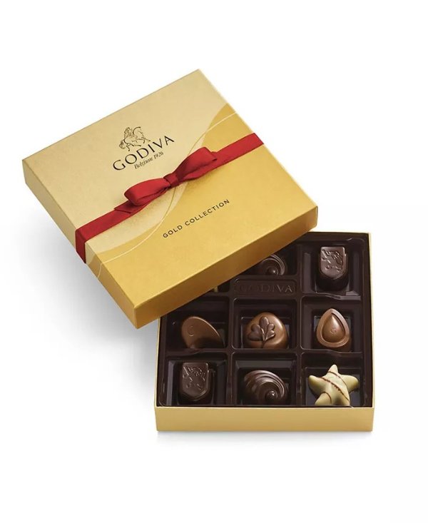 Holiday Assorted Chocolate Gold Gift Box, Red Ribbon, 9 Piece
