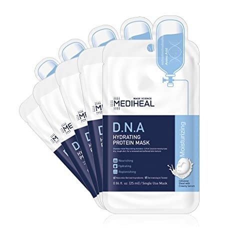 MEDIHEAL Official [Korea's No 1 Sheet Mask] - 5 Pack D.N.A Hydrating Protein Mask / Jojoba Oil & Squalane & Ceramide Contained Skin Nourishing Facial Mask, Bamboo Cellulose Sheet with Creamy Essence