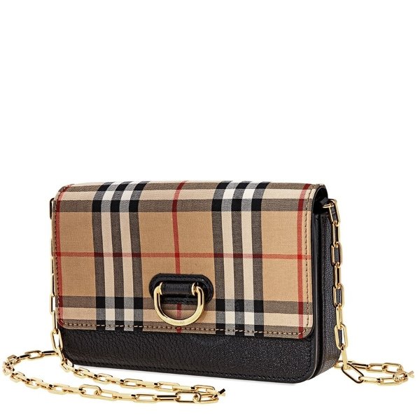 Mini Vintage Check and Leather D-ring Bag- Black