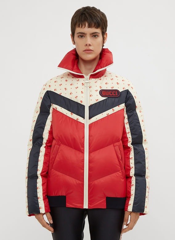 Floral Stripe Puffer Jacket in Red