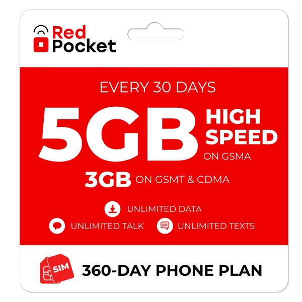 360-Day Red Pocket Prepaid Plan: Unlimited Talk & Text + 5GB LTE / Month