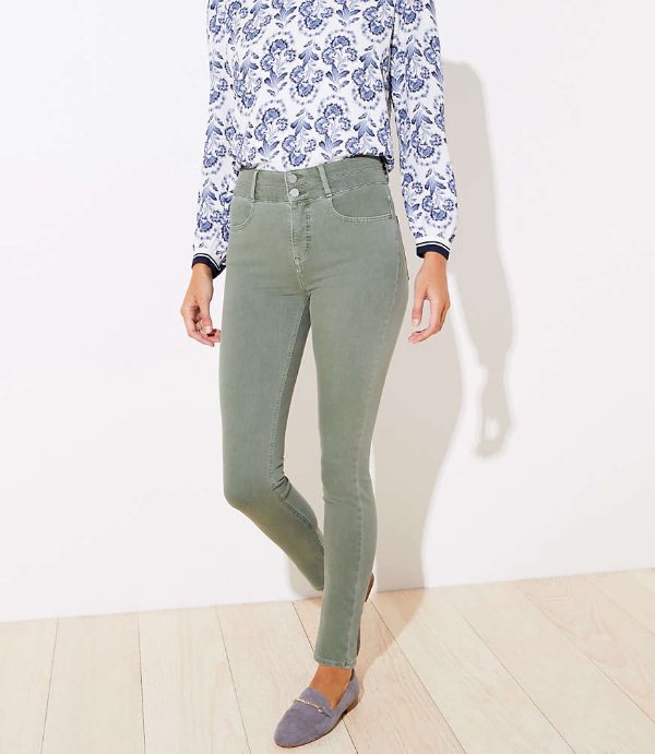 Double Shank High Rise Slim Pocket Skinny Jeans in Evergreen Haze | LOFT