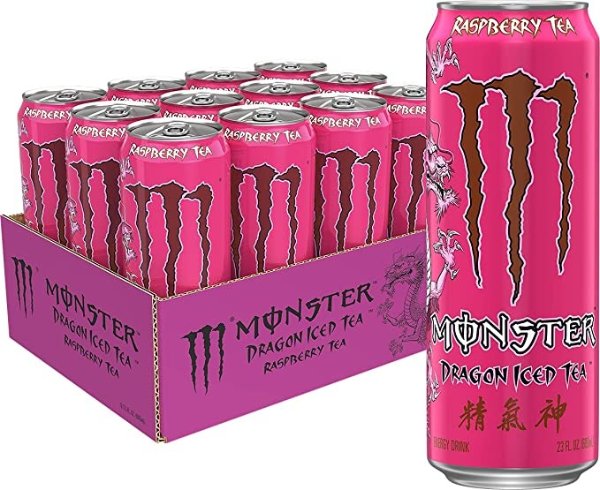 Monster Energy Dragon Iced Raspberry Tea, 23 Fl Oz, Pack of 12