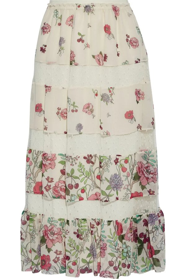 Point d'esprit-paneled floral-print chiffon midi skirt