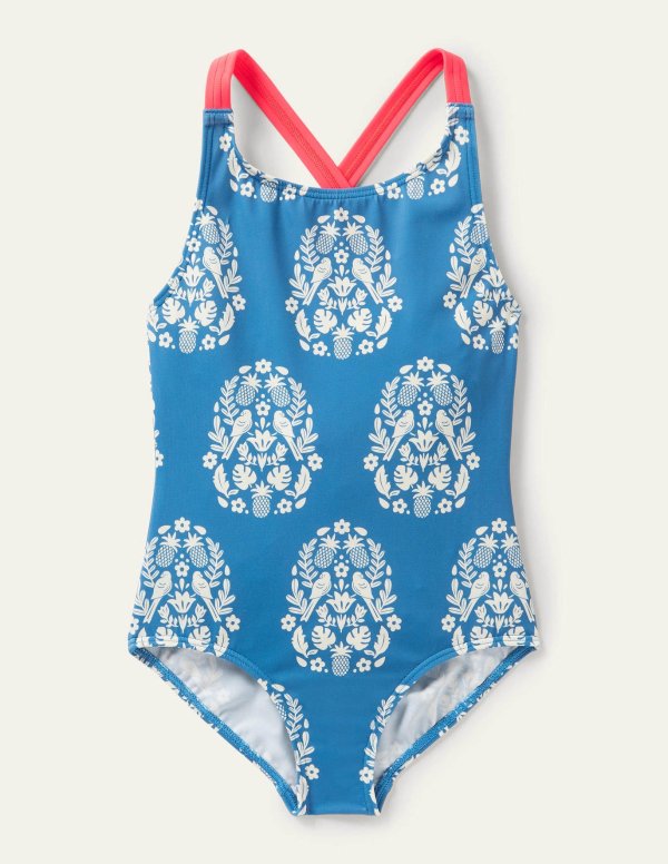 Cross-back Printed Swimsuit - Harmony Blue Gold Spot | Boden US