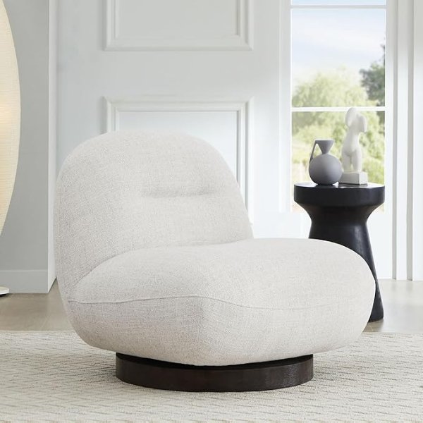 KISLOT Swivel Modern Upholstered Living Room Wooden-Base Accent Chair, 33''W, Ivory