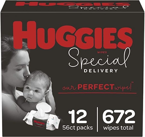 HUGGIES Special Delivery Hypoallergenic Baby Wipes, Unscented, 12 Flip-Top Packs (672 Wipes Total), White