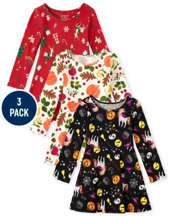 Toddler Girls Long Sleeve Holiday Print Knit Skater Dress 3-Pack | The Children's Place - BLACK