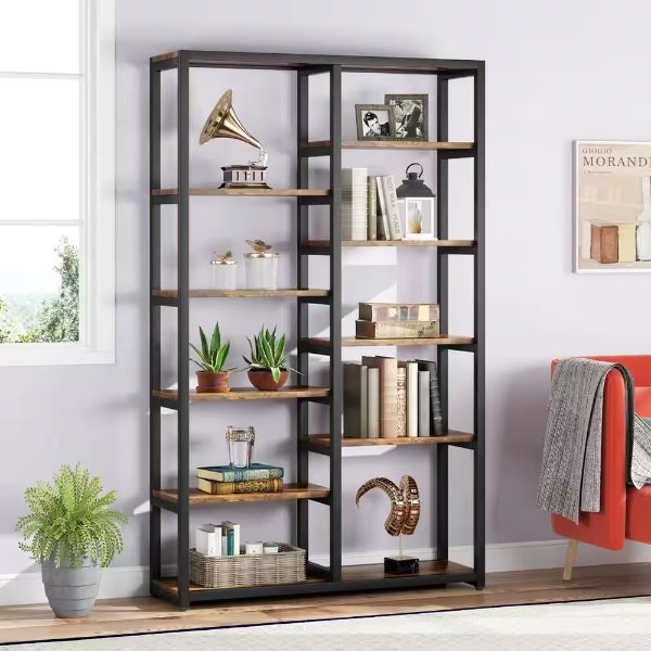 Hamilton 70.9 in. Rustic Brown Wood 10-Shelf Etagere Bookcase with Open Back