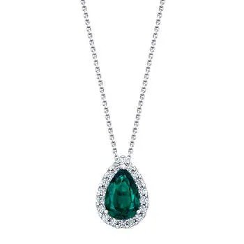 Created Emerald and Diamond 14kt White Gold Pendant