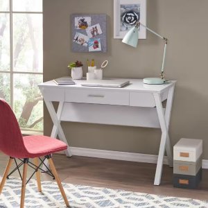 Noble House44 in. Rectangular White 1 Drawer Writing Desk with Built-In Storage