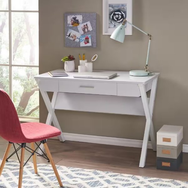 44 in. Rectangular White 1 Drawer Writing Desk with Built-In Storage