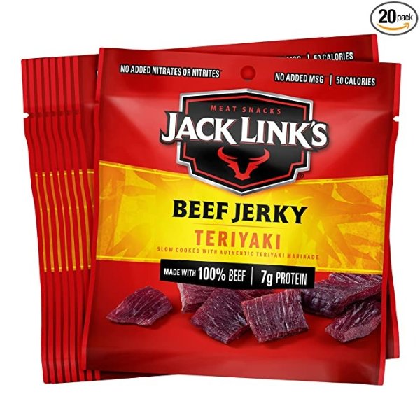 Beef Jerky, Teriyaki, Multipack Bags - Flavorful Meat Snack for Lunches, Ready to Eat - 7g of Protein, Made with Premium Beef, No Added MSG** - 0.625 oz (Pack of 20)