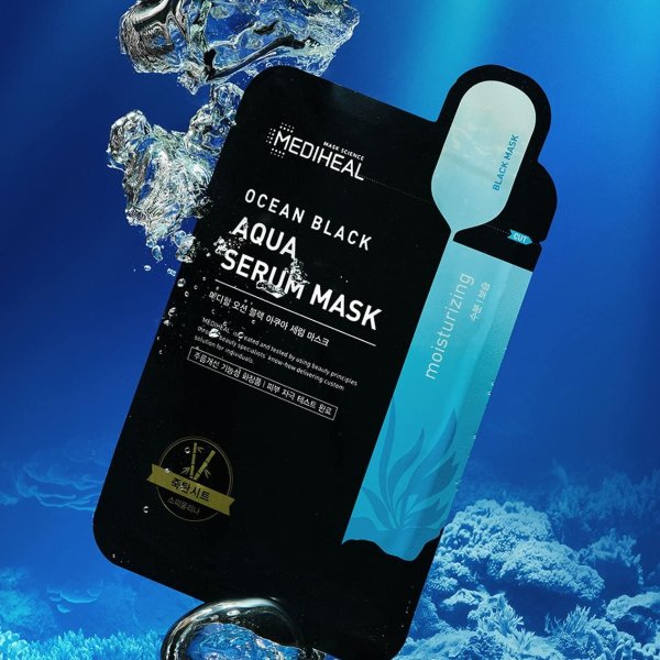 Moisturizing Facial Sheet Mask – Hyaluronic Acid and Deep Ocean Water – Improves Skin Texture - Refreshing Serum Formula – Black Charcoal Sheet - Ocean Black Aqua Serum Mask 5 Sheets