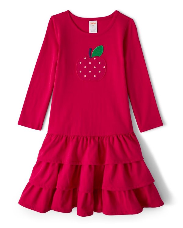 Girls Long Sleeve Embroidered Apple Knit Tiered Dress - Candy Apple