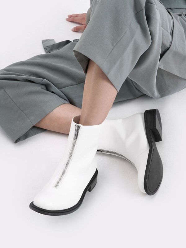 White Front Zip Ankle Boots