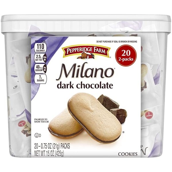 Milano Dark Chocolate Cookies, 15 Ounce Multipack Tub, 20 Count