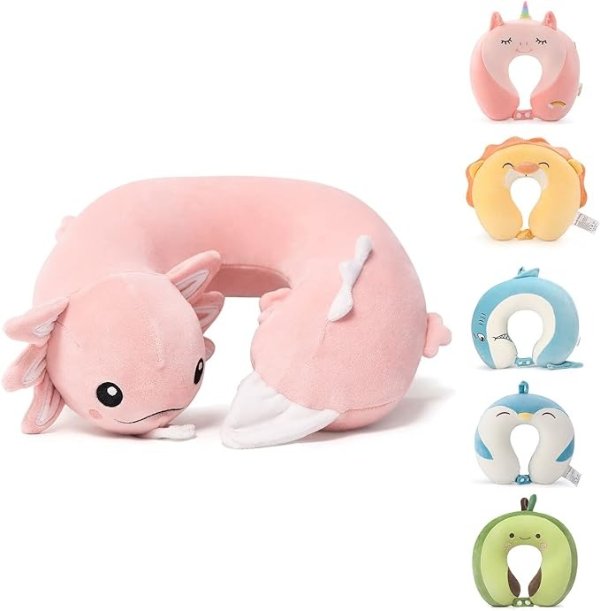 Niuniu Daddy Kids Travel Pillow Road Trip Essentials for 3-8 Y/O-Soft Memory Foam Kids Neck Pillow for Traveling Airplane Travel Essentials-Pink Axolotl U-Shaped Pillow for Boys/Girls