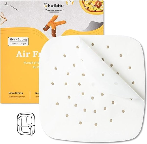 Katbite 200Pcs 7.5 inch Air Fryer Parchment Paper, Heavy Duty Non-stick Square Air Fryer Liners, Perforated Parchment Paper for Air Fryer, Oven, Steamer, Pans, Extra Strong, No Burn, Easy Cleanup