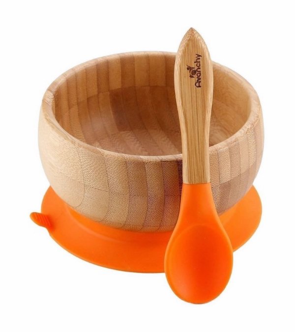 Bamboo Stay Put Suction Baby Bowl + Spoon - Orange