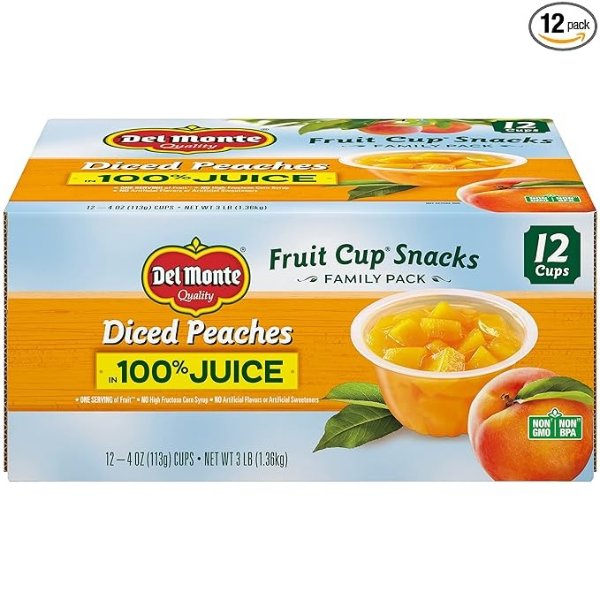 Diced Peaches FRUIT CUP Snacks in 100% Fruit Juice, 12 Pack, 4 oz