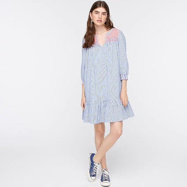 Embroidered popover dress with ruffle hem